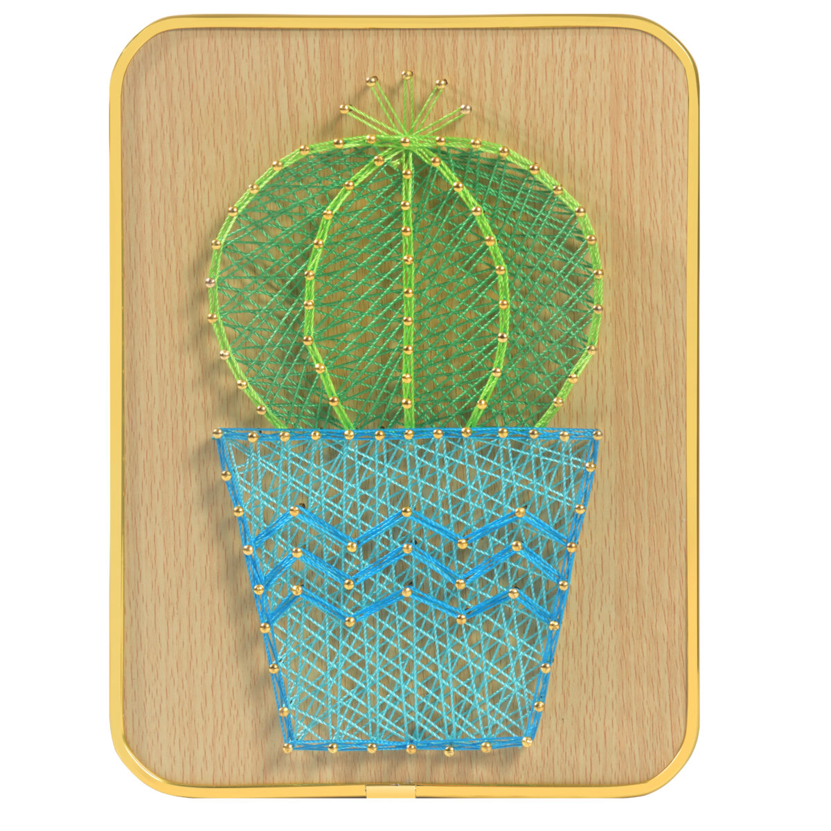Modern cactus string art design on wood panel